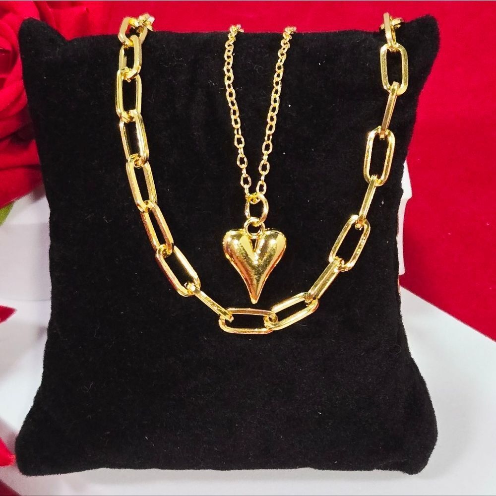 Gold Puffy Heart Pendant Double Layer Paperclip Chain Necklace Stainless Steel